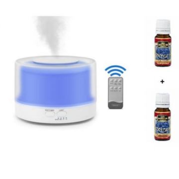 Difuzor Aromaterapie Transparent - Umidificator cu Ultrasunete Lampa de veghe cu Telecomanda 500 ml 16 ore silentios Alb cu 2 uleiuri aromate