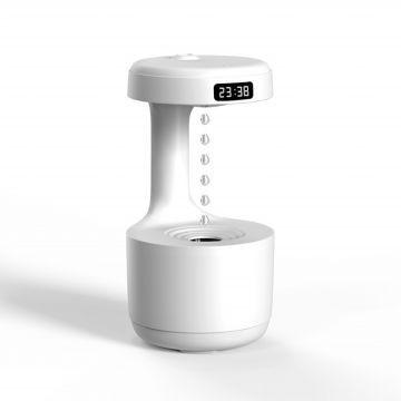 Umidificator anti-gravitational Xisidi, difuzor aromaterapie cu picatura de apa capacitate 800ml, senzor anti-uscare, lumina ambientala, silentios, baza stabila, afisaj digital ceas, alb