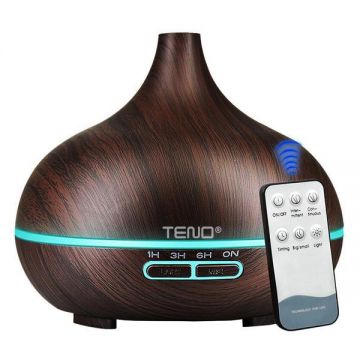 Difuzor Aromaterapie Teno®, 7 culori LED, 2 jocuri de lumini, control prin telecomanda, capacitate 200ml, silentios, umidifica aerul, stejar inchis