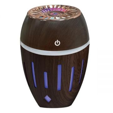 Mini Umidificator Ultrasonic 300ml cu Abur rece, Aromaterapie pentru Casa, Masina, cu Lampa Led, nuanta inchisa de lemn