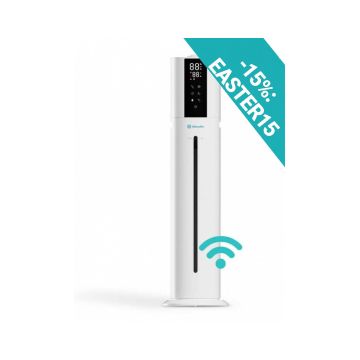 Umidificator AlecoAir U40 Tower White, WiFi, Lampa UV-C, Higrostat, Lumini ambientale, Vapori calzi, Aromaterapie